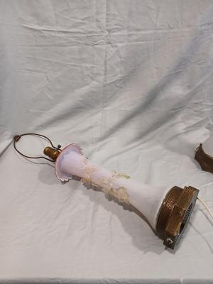 Sale Photo Thumbnail #121: Body of Pink & white opalescent striated ombre effect w/clear pale chartreuse floral vine applied. Bronze metal mounts. Base 6", 13 3/4" high, 27" high incl. shades. One in great condition, the other with crack at base, needing better repair. Shades inclu