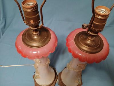 Sale Photo Thumbnail #116: Body of Pink & white opalescent striated ombre effect w/clear pale chartreuse floral vine applied. Bronze metal mounts. Base 6", 13 3/4" high, 27" high incl. shades. One in great condition, the other with crack at base, needing better repair. Shades inclu