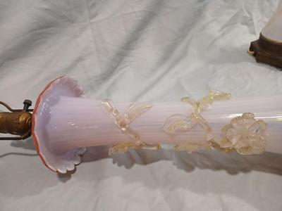 Sale Photo Thumbnail #122: Body of Pink & white opalescent striated ombre effect w/clear pale chartreuse floral vine applied. Bronze metal mounts. Base 6", 13 3/4" high, 27" high incl. shades. One in great condition, the other with crack at base, needing better repair. Shades inclu