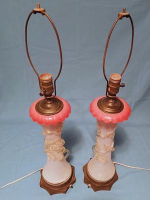 Sale Photo Thumbnail #112: Body of Pink & white opalescent striated ombre effect w/clear pale chartreuse floral vine applied. Bronze metal mounts. Base 6", 13 3/4" high, 27" high incl. shades. One in great condition, the other with crack at base, needing better repair. Shades inclu
