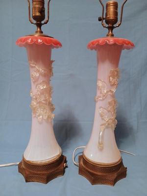 Sale Photo Thumbnail #106: Body of Pink & white opalescent striated ombre effect w/clear pale chartreuse floral vine applied. Bronze metal mounts. Base 6", 13 3/4" high, 27" high incl. shades. One in great condition, the other with crack at base, needing better repair. Shades inclu