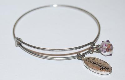 Vintage "COURAGE" BRACELET (2½" Opening) with Silver Tone Oval Charm & Lumpy Acrylic Bead on Curved Hook Closure