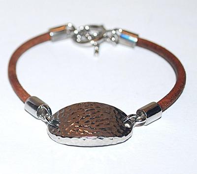 Marked " R L" Pitted Silver Tone Oval BRACELET (2" Opening) with Brown Rope Chain and Toggle Closure