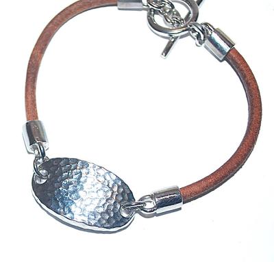 Marked " R L" Pitted Silver Tone Oval BRACELET (2" Opening) with Brown Rope Chain and Toggle Closure