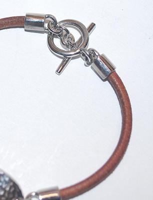 Marked " R L" Pitted Silver Tone Oval BRACELET (2" Opening) with Brown Rope Chain and Toggle Closure