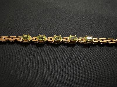 TECHNIBOND VERMEIL .925 STERLING SILVER TENNIS BRACELET WITH 5 LIGHT GREEN STONES