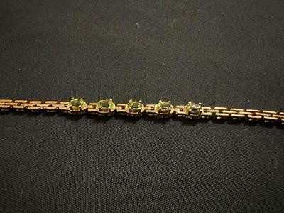 TECHNIBOND VERMEIL .925 STERLING SILVER TENNIS BRACELET WITH 5 LIGHT GREEN STONES