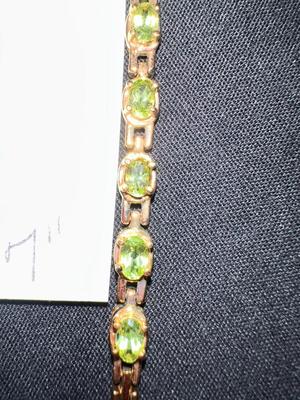 TECHNIBOND VERMEIL .925 STERLING SILVER TENNIS BRACELET WITH 5 LIGHT GREEN STONES