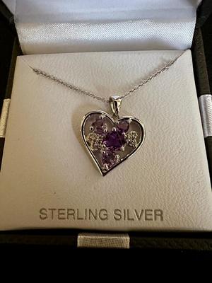 BRAND NEW STERLING SILVER 18” CHAIN WITH STERLING SILVER HEART PENDANT WITH LIGHT COLORED AMETHYST/SAPPHIRE STONES