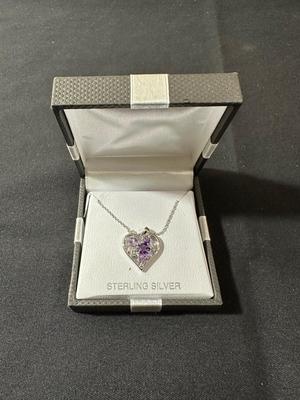 BRAND NEW STERLING SILVER 18” CHAIN WITH STERLING SILVER HEART PENDANT WITH LIGHT COLORED AMETHYST/SAPPHIRE STONES