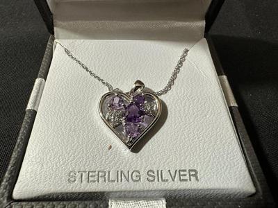 BRAND NEW STERLING SILVER 18” CHAIN WITH STERLING SILVER HEART PENDANT WITH LIGHT COLORED AMETHYST/SAPPHIRE STONES