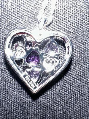 BRAND NEW STERLING SILVER 18” CHAIN WITH STERLING SILVER HEART PENDANT WITH LIGHT COLORED AMETHYST/SAPPHIRE STONES