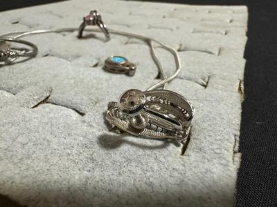 STERLING SILVER SCREW BACK EARRINGS, .925 RING WITH PINK STONE, .925 NECKLACE, AND 2 PENDANTS