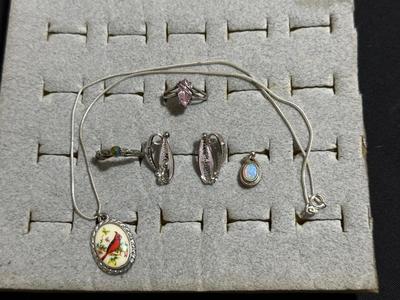 STERLING SILVER SCREW BACK EARRINGS, .925 RING WITH PINK STONE, .925 NECKLACE, AND 2 PENDANTS