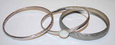 Collection of 3 Silver Colored BANGLE BRACELETS (2½" Opening) with Embossed Designs and 1 with Opaque Cabochon