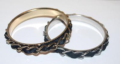 Collection of 2 Solid Black Ribbon BRACELETS (2¾" Opening) in Chain-Link Style and in Both Silver/Gold Tone