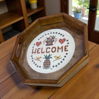 Handmade Crosstitch "Welcome" Art on Wooden Platter with Glass Cover