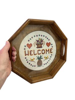 Handmade Crosstitch "Welcome" Art on Wooden Platter with Glass Cover