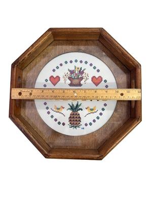 Handmade Crosstitch "Welcome" Art on Wooden Platter with Glass Cover