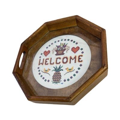 Handmade Crosstitch "Welcome" Art on Wooden Platter with Glass Cover