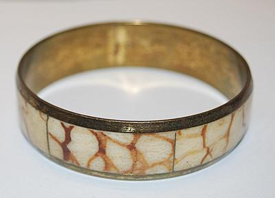 Beige and Brown Designed Enamel BRACELET (2½" Opening) with Gold Tone Setting