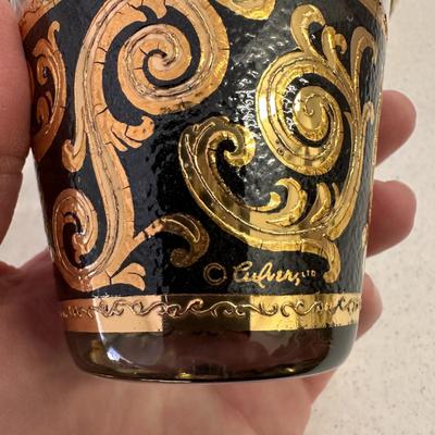 Set of 8 Vintage Signed (Culver) Mid-Century Gold & Black Lowball Glasses