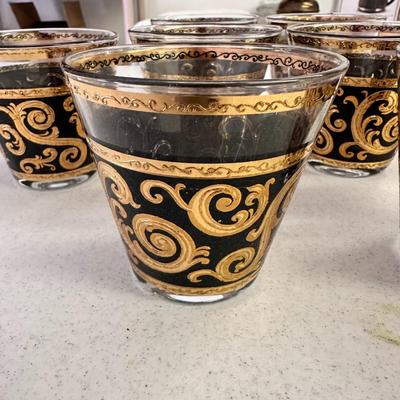 Set of 8 Vintage Signed (Culver) Mid-Century Gold & Black Lowball Glasses