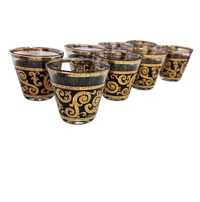 Set of 8 Vintage Signed (Culver) Mid-Century Gold & Black Lowball Glasses