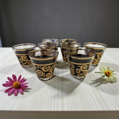 Set of 8 Vintage Signed (Culver) Mid-Century Gold & Black Lowball Glasses