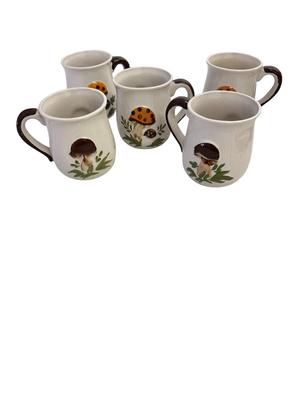 Set of 5 Stoneware Mushroom Mugs, Unmarked