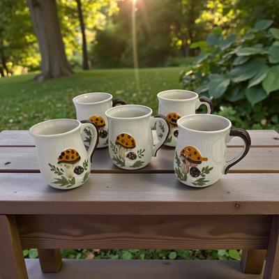 Set of 5 Stoneware Mushroom Mugs, Unmarked