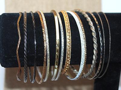 Collection of 14 BANGLE BRACELETS (2½" Opening) in Silver, Gold, Rose Gold, and Brass Tones