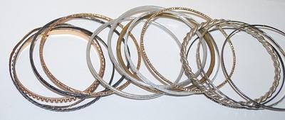 Collection of 14 BANGLE BRACELETS (2½" Opening) in Silver, Gold, Rose Gold, and Brass Tones