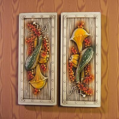 Pair of Tall Vintage MCM 3D Relief Wall Art Veggies