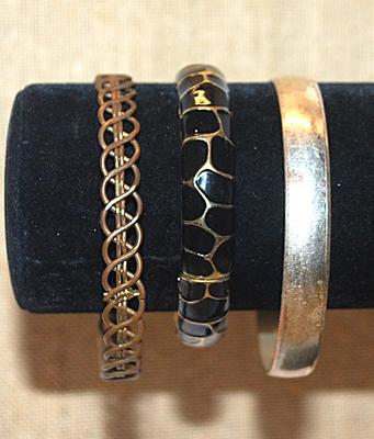 Collection of 3 BRACELETS (-2½"+ Opening) in Black & Gold, Rose Gold Wire and Silver TONES