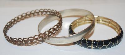 Collection of 3 BRACELETS (-2½"+ Opening) in Black & Gold, Rose Gold Wire and Silver TONES