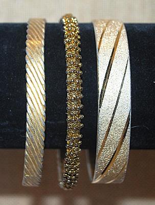 Collection of 3 Gold Tone BRACELETS (-2½"+ Opening) in Striped and Tiny Globes Patterns