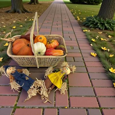 Autumn Decor-Basket with (Fake) Fruits & Veggies, Scarecrows