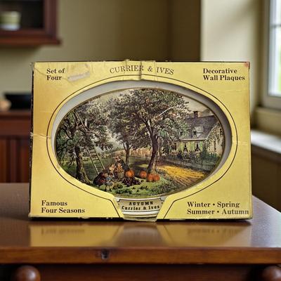 Vintage Set of 4 Currier & Ives Metal Mini Trays / Wall Plaques in Box, Four Seasons