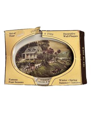 Vintage Set of 4 Currier & Ives Metal Mini Trays / Wall Plaques in Box, Four Seasons