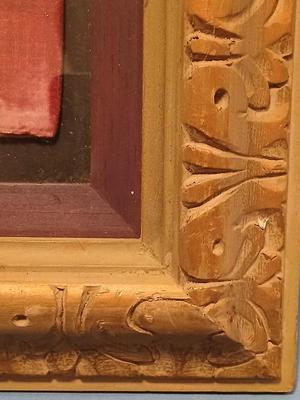 Sale Photo Thumbnail #306: Embroidery includes flowers, leaves, vines, people, animals, birds/peacocks Frame, 19 3/8" x 26", Sleeves approx. 6 1/2" x 13".