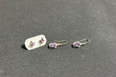 .925 PURPLE AMETHYST DANGLING EARRINGS AND PURPLE STONE STUD EARRINGS