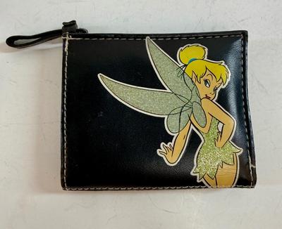 Sale Photo Thumbnail #593: This is a black Disney Tinker Bell vinyl wallet with glitter accents. Snap closure, zippered coin pouch.  Holds credit cards inside, full-size bill-fold pocket. Very Good condition.