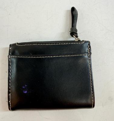 Sale Photo Thumbnail #595: This is a black Disney Tinker Bell vinyl wallet with glitter accents. Snap closure, zippered coin pouch.  Holds credit cards inside, full-size bill-fold pocket. Very Good condition.