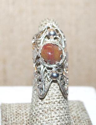 Size 6-7 Red & Brown Filagree-Style CABOCHON RING with an Adjustable OPEN-END Silver Tone Setting