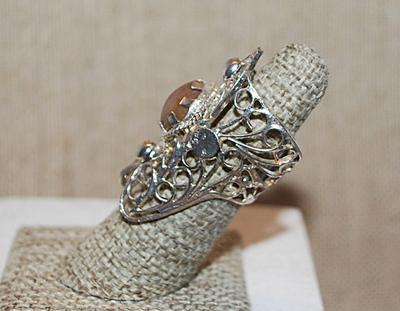 Size 6-7 Red & Brown Filagree-Style CABOCHON RING with an Adjustable OPEN-END Silver Tone Setting