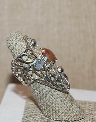 Size 6-7 Red & Brown Filagree-Style CABOCHON RING with an Adjustable OPEN-END Silver Tone Setting