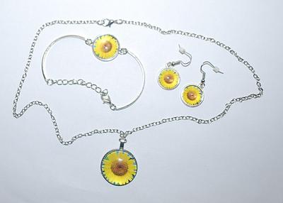"SUNFLOWER" NECKLACE (1" Across+ 20" L), BRACELET (2¾" Opening) & EARRINGS JEWELRY SET with Bright Yellow...