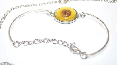 "SUNFLOWER" NECKLACE (1" Across+ 20" L), BRACELET (2¾" Opening) & EARRINGS JEWELRY SET with Bright Yellow...