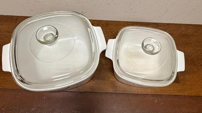 Sale Photo Thumbnail #230: Clear glass covered casserole dishes featuring the iconic "Blue Cornflower" pattern. 1.5 liter and 3 liter sizes.  Very good condition.